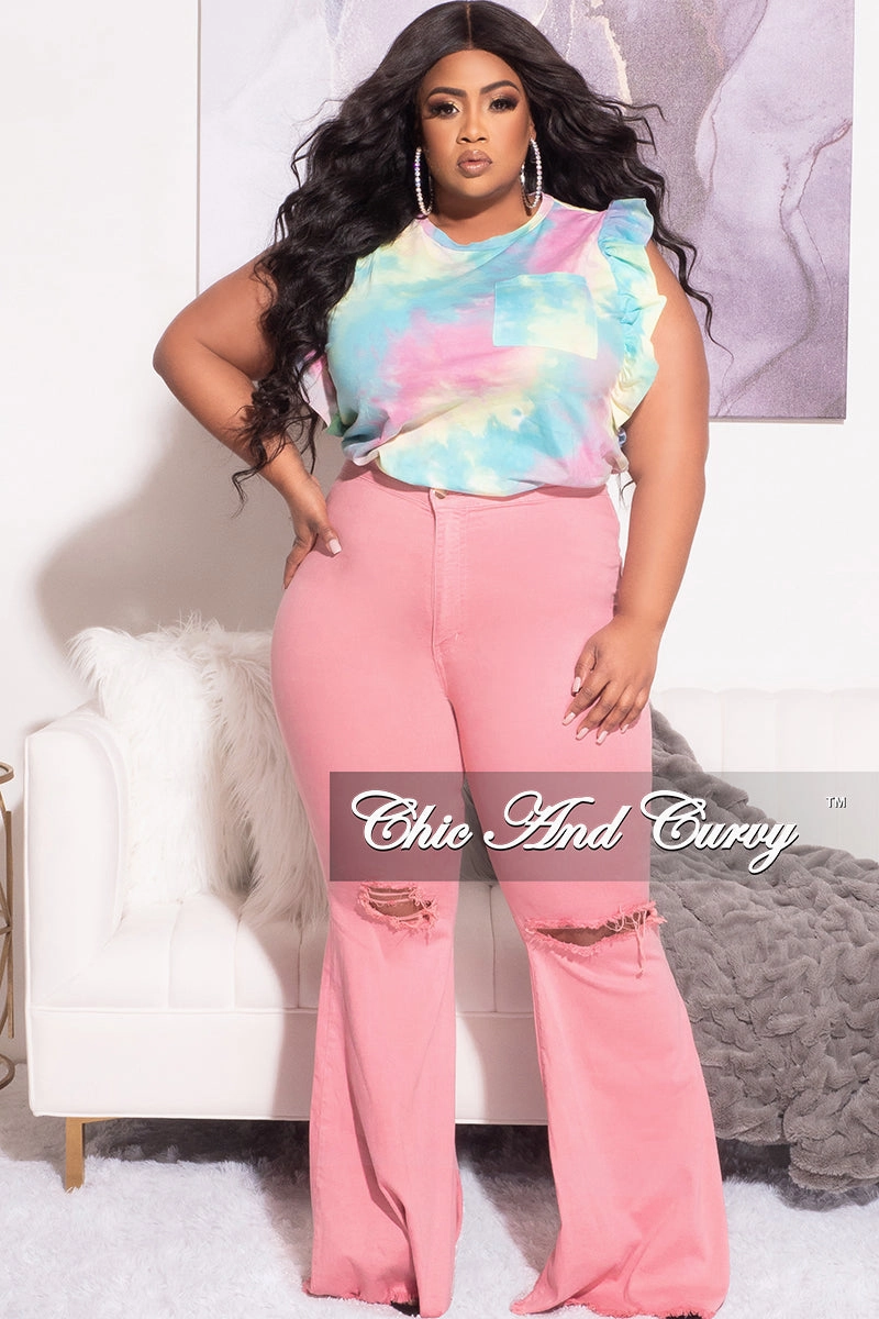 Final Sale Plus Size Ruffle Trim Pocket Patched Shirt in Rainbow Cloud Print Modular Attachment