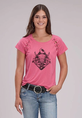 Chill Layer Roper Womens Longhorn Self Tie Pink Poly/Rayon S/S T-Shirt