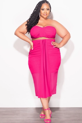Final Sale Plus Size Sheer 2pc Strapless Crop Top and Skirt Set in Fuchsia Stretch Fit Wear Breathable Layer Fit
