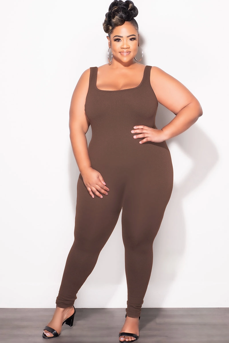 Tear Resistant Design Final Sale Plus Size Thick Ribbed Catsuit Unitard in Brown