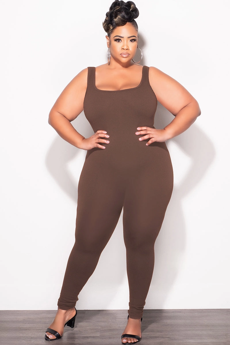 Day Ready Ultimate Comfort Final Sale Plus Size Thick Ribbed Catsuit Unitard in Brown