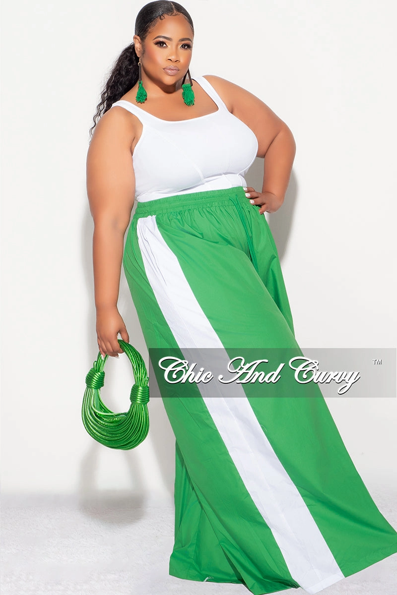 Flexible Comfort Wear Final Sale Plus Size Oversized Varsity Windbreaker Striped Wide Leg Pants in Green and White