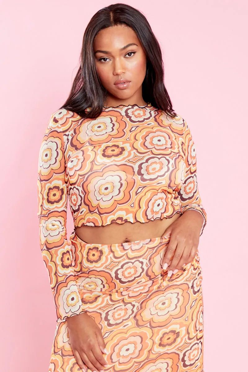 Ribbed Collar Design Sandy Mesh Crop Top - Curve