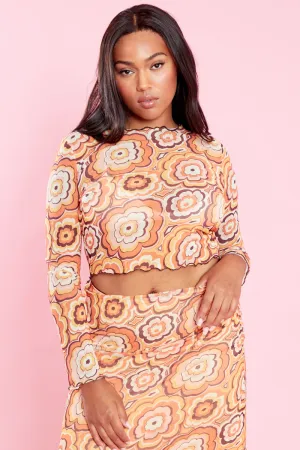 Ribbed Collar Design Sandy Mesh Crop Top - Curve