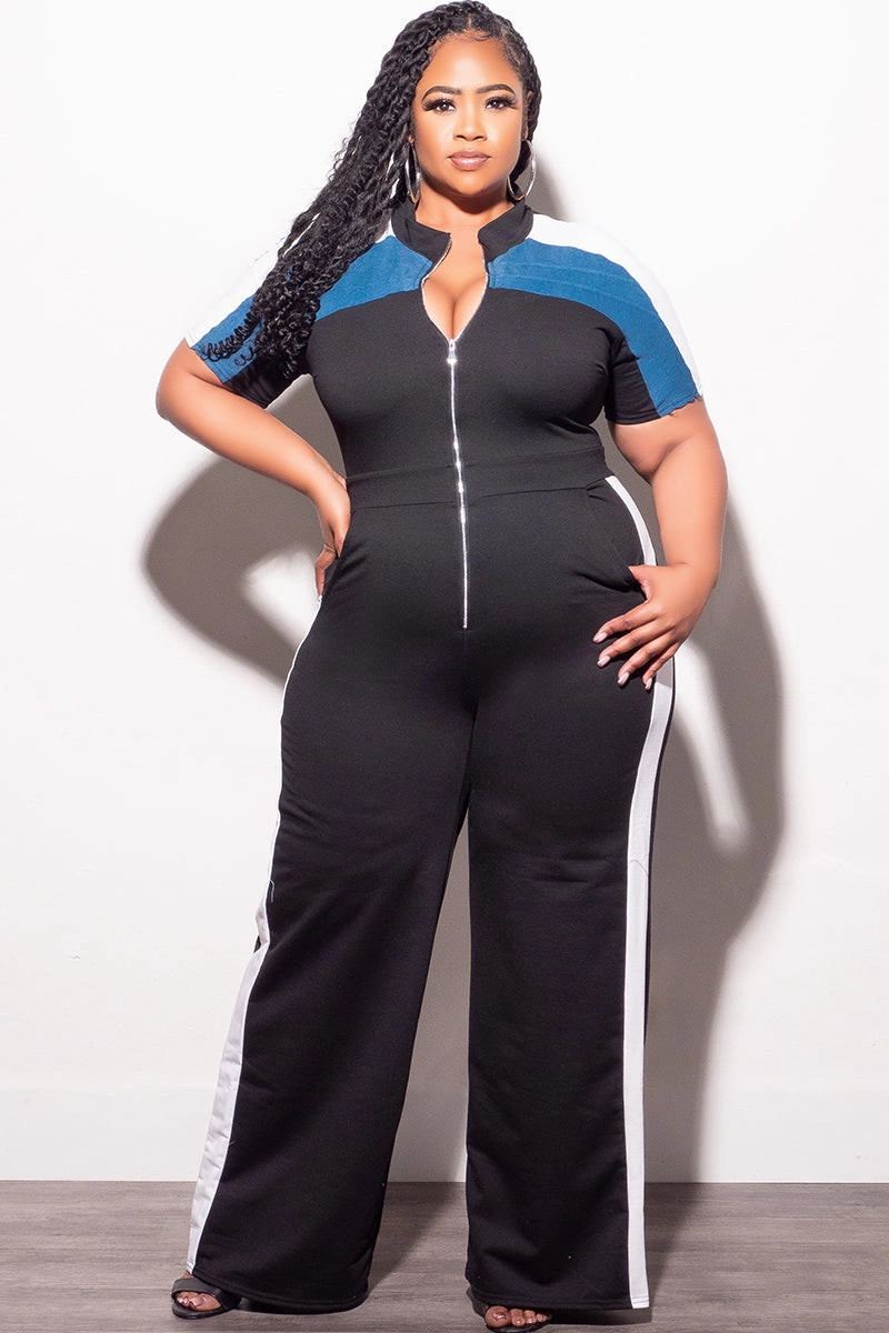 Relaxed Wear Timeless Comfort Final Sale Plus Size Colorblock Zip Up Jumpsuit in Black Denim and White