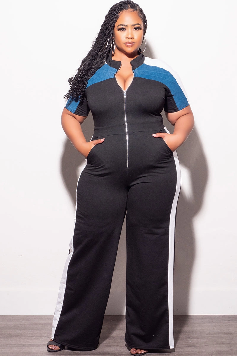 Final Sale Plus Size Colorblock Zip Up Jumpsuit in Black Denim and White Effortless Layer