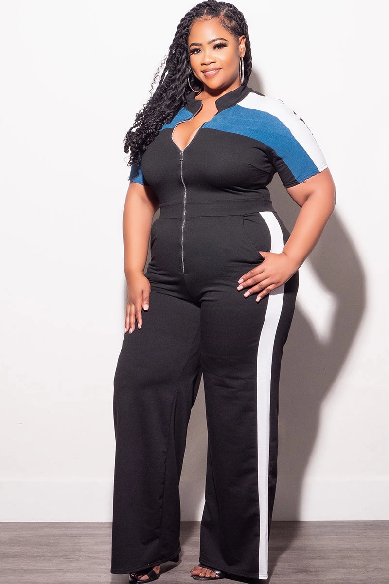 Final Sale Plus Size Colorblock Zip Up Jumpsuit in Black Denim and White Stretch Panels