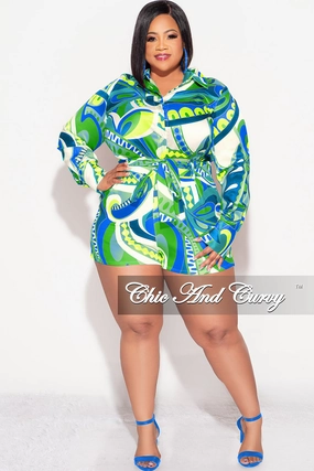 Final Sale Plus Size 2pc Satin Collar Button Up Shirt and Shorts Set in Green & Blue Multi-Color FunctionalZipper