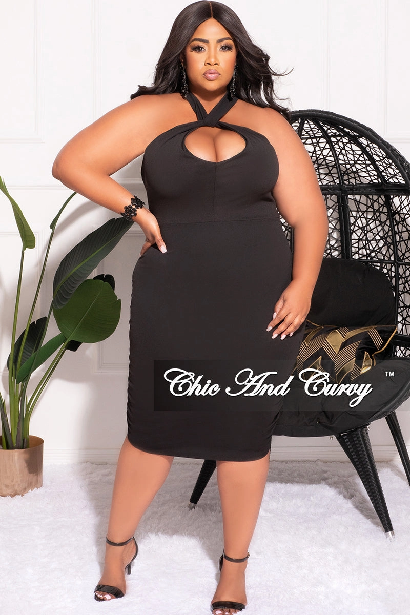 Final Sale Plus Size Front Keyhole Halter Racer Back Ruched BodyCon Dress in Black Active Lifestyle Ripstop Fabric Technology