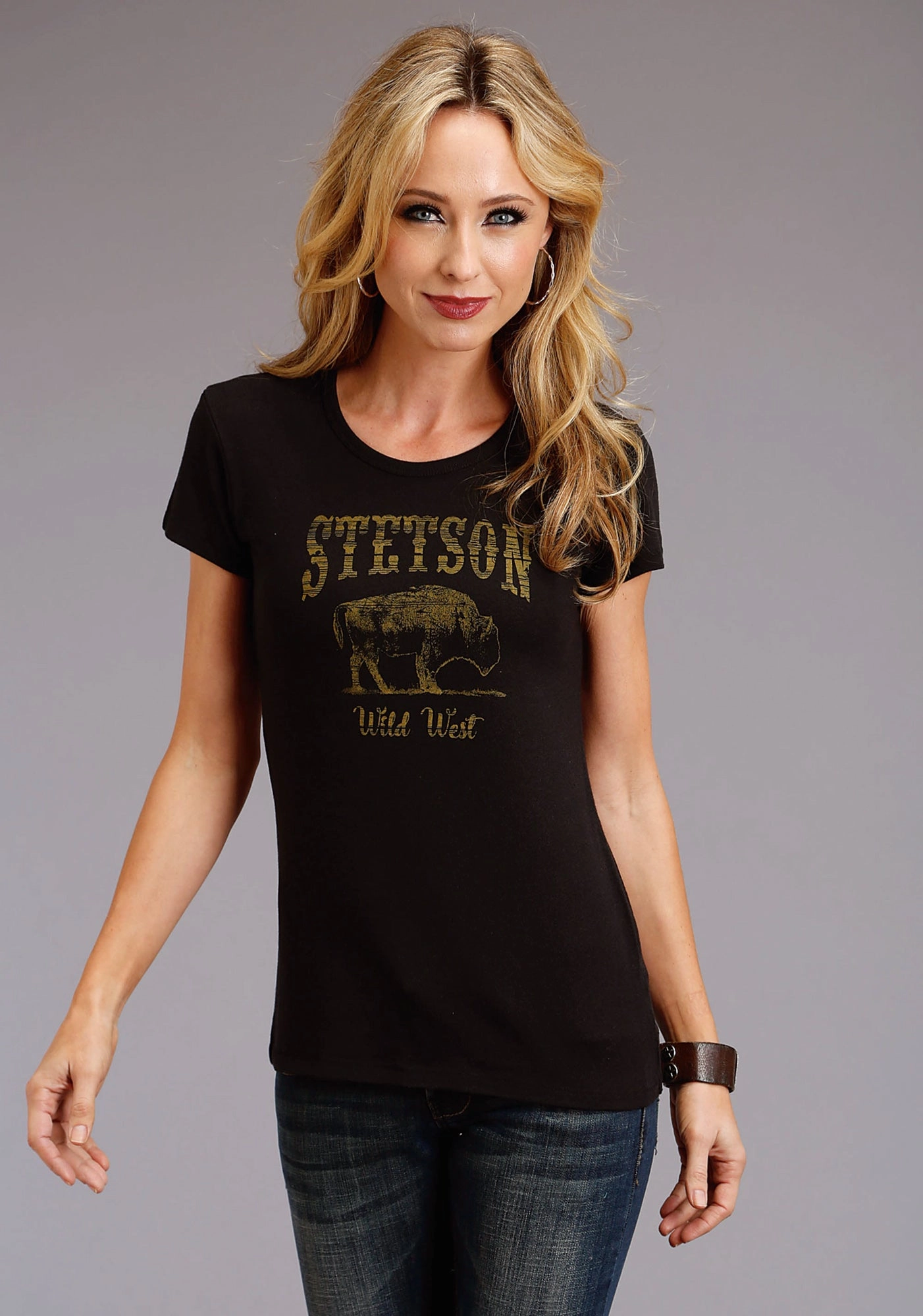 Stetson Womens Black Cotton Blend Bison Wild West S/S T-Shirt Fashion Layer Perfect Wear