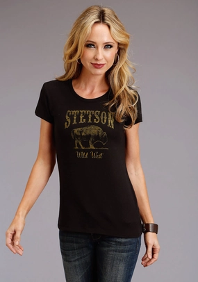 Stetson Womens Black Cotton Blend Bison Wild West S/S T-Shirt Fashion Layer Perfect Wear