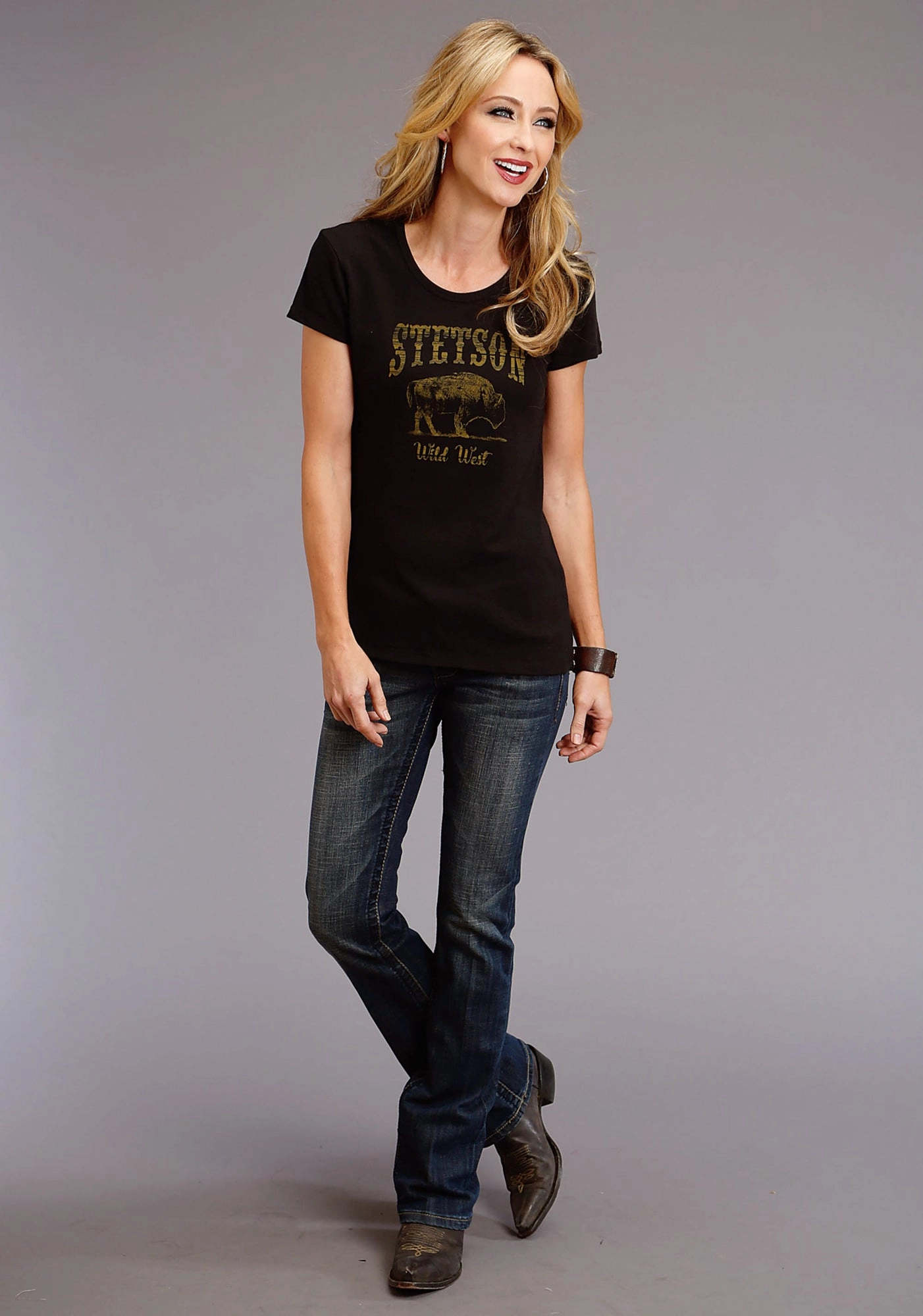 Stetson Womens Black Cotton Blend Bison Wild West S/S T-Shirt Night Out