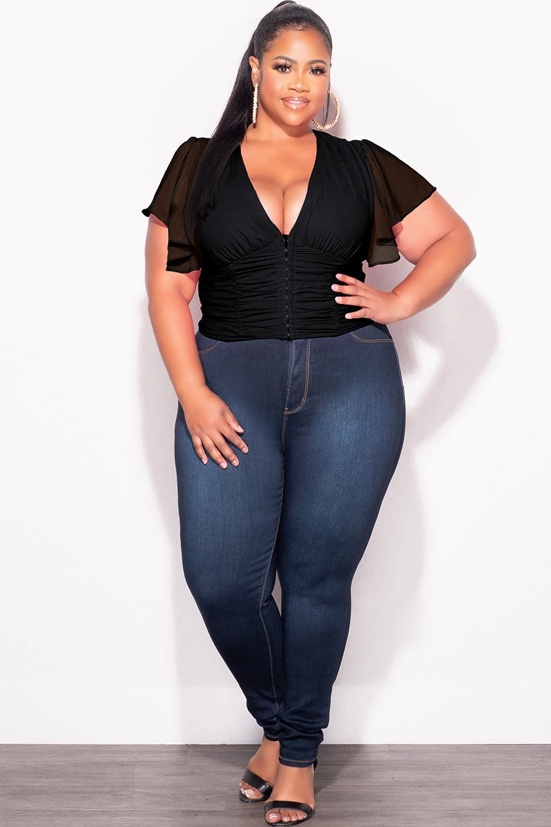 Final Sale Plus Size Chiffon Ruched Corset Blouse with Flutter Sleeves in Black Chic Design