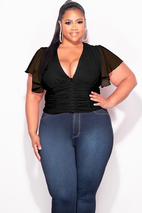 Final Sale Plus Size Chiffon Ruched Corset Blouse with Flutter Sleeves in Black Fitted waist Comfortable Layers