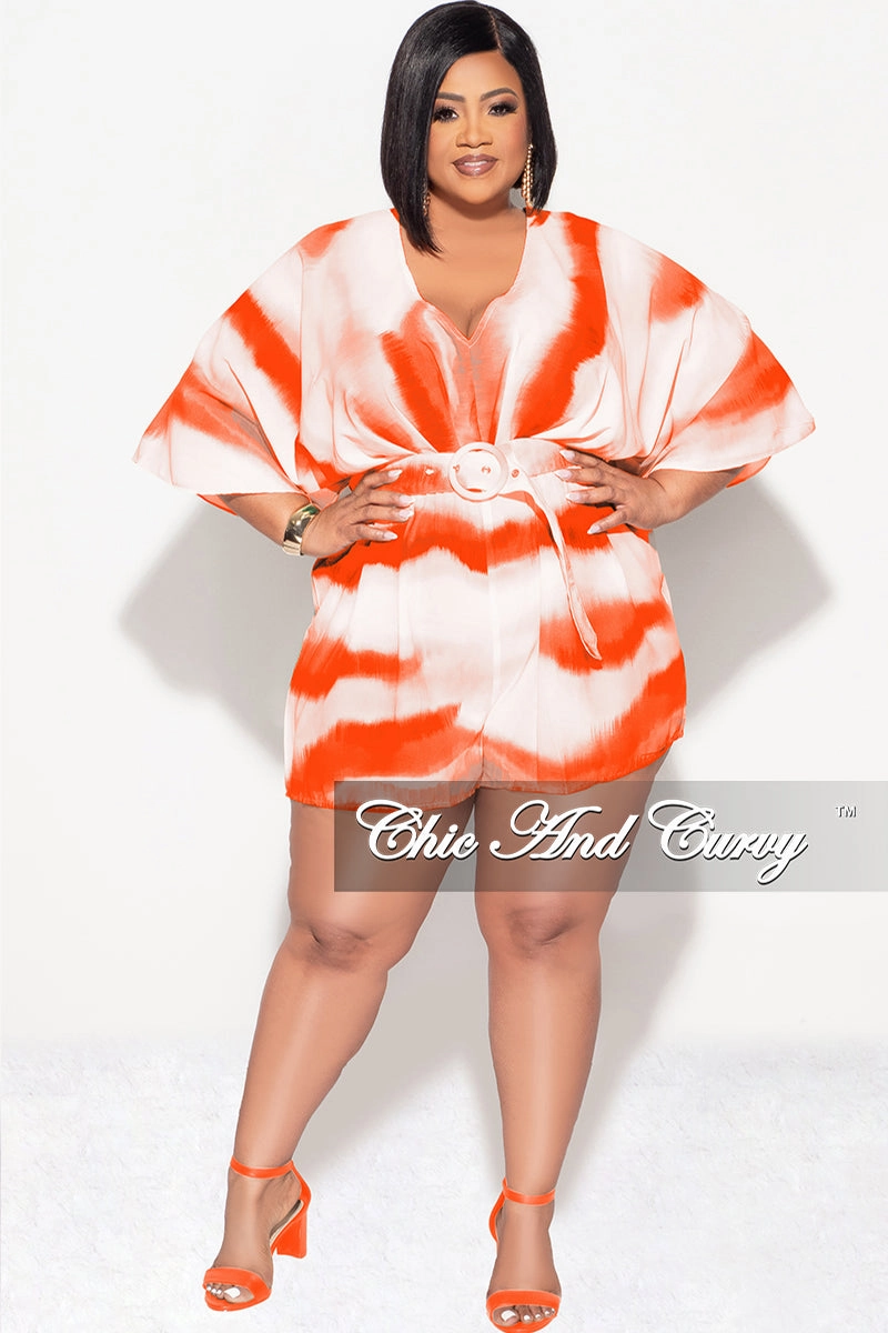 Final Sale Plus Size Chiffon Romper with Belt in Orange Print Versatile Design