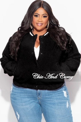 Final Sale Plus Size Teddy Bear Varsity Jacket in Black Lightweight Wear