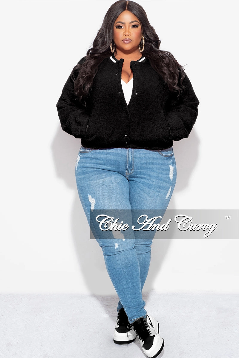 Final Sale Plus Size Teddy Bear Varsity Jacket in Black Double Layered Hem