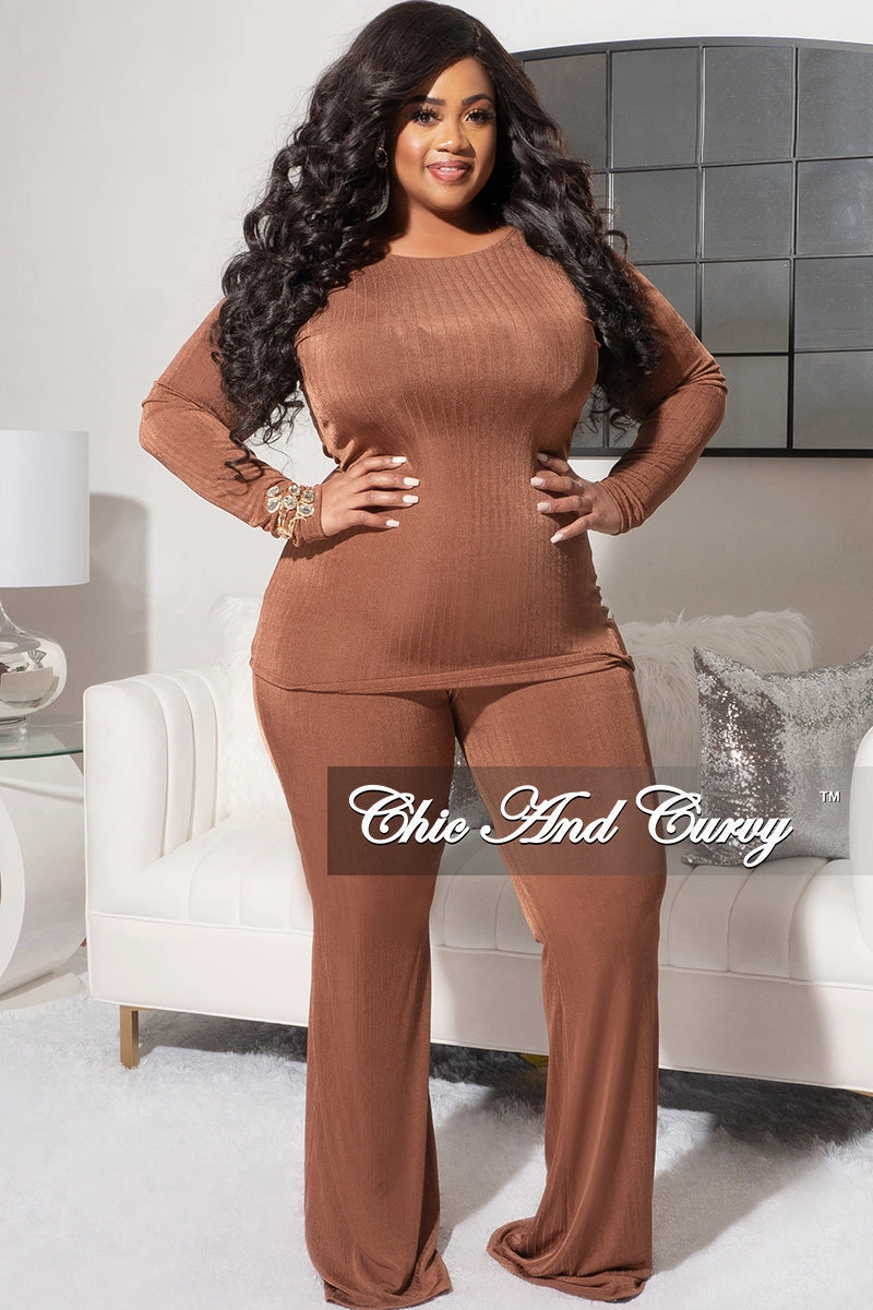 Final Sale Plus Size Ribbed 2pc Long Sleeve Top and Pants Set in Brown Rust Anti Chafe Lining