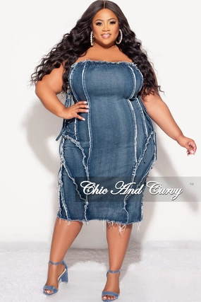 Flex Fit Final Sale Plus Size Strapless Distressed Dress with Lace Up Sides in Denim