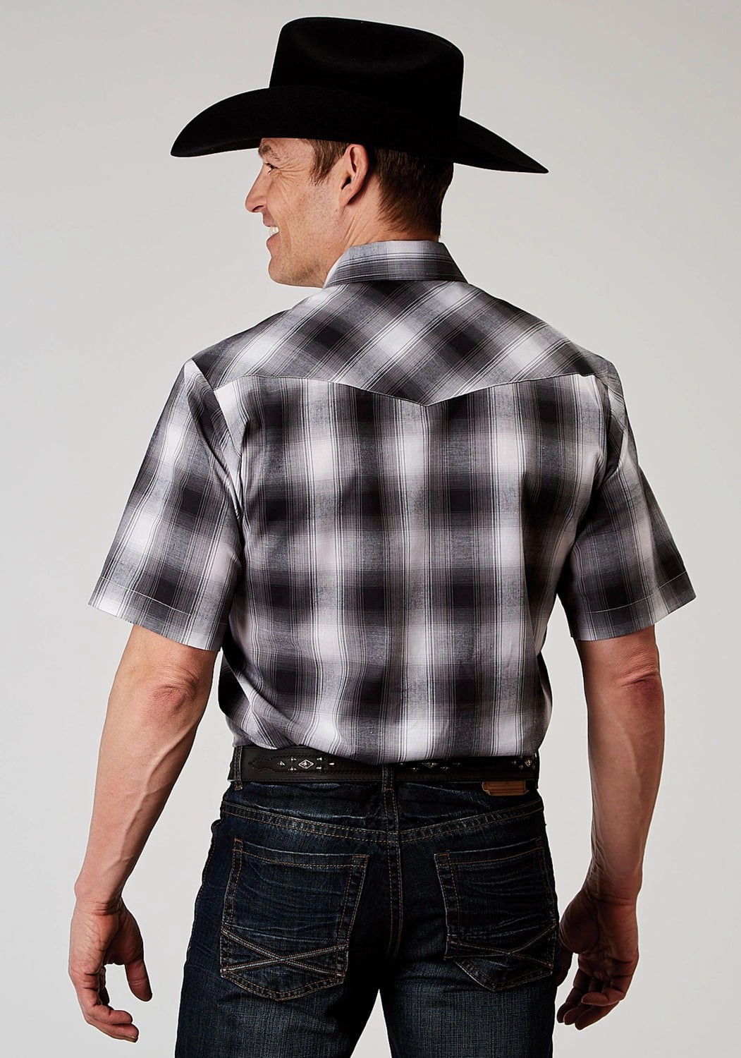 birthday party Durable Stitching Roper Mens 1972 Plaid Black/White Cotton Blend S/S Shirt