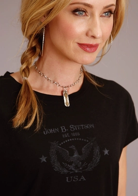 Stetson Womens Black 100% Cotton Eagle Usa S/S T-Shirt Stylish Element Modern Fit