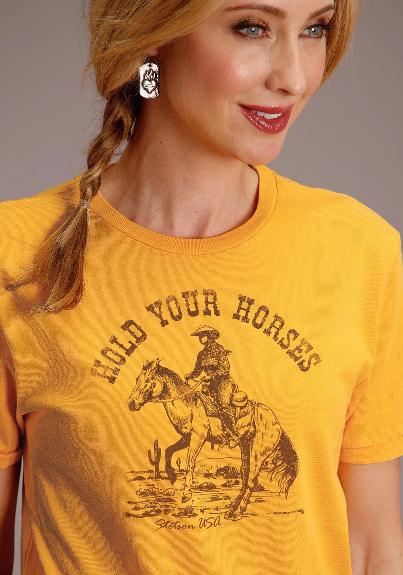 Stetson Womens Yellow 100% Cotton Hold Your Horses S/S T-Shirt Reinforced Elbow Patches Wardrobe Must-Have