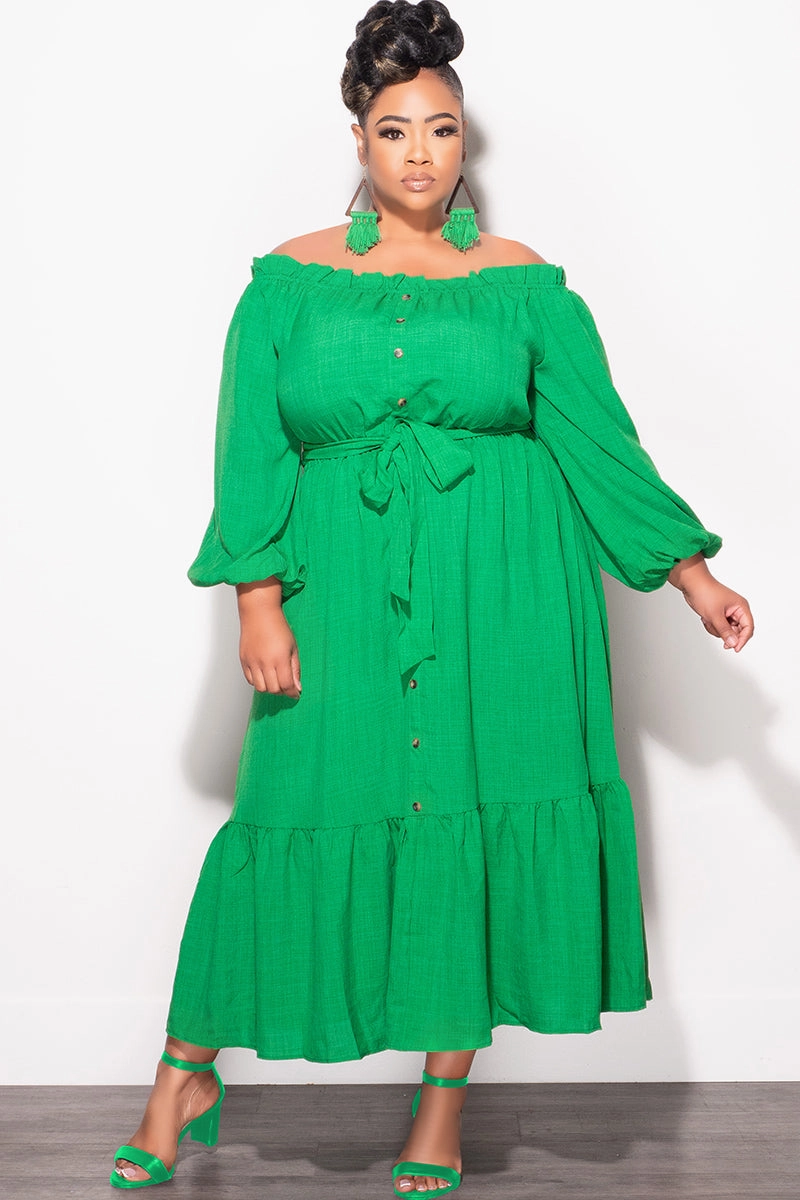 Final Sale Plus Size Off the Shoulder Dress with Tie in Green Soft Wear QuickDryTech