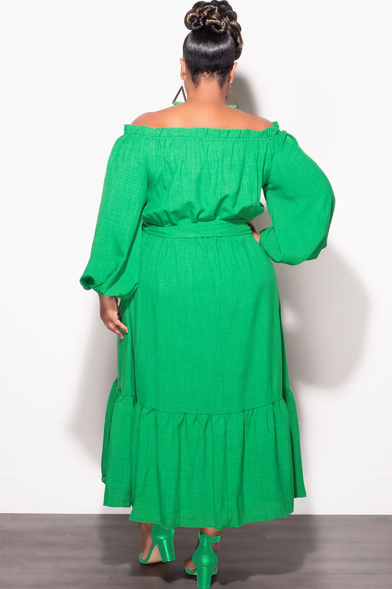 Flexible Gusset Final Sale Plus Size Off the Shoulder Dress with Tie in Green