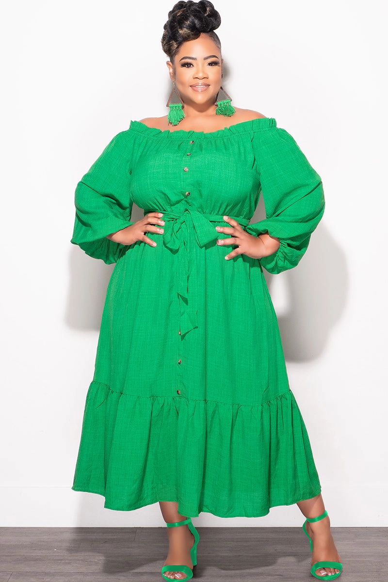 Comfort Focused Fitted waist Final Sale Plus Size Off the Shoulder Dress with Tie in Green