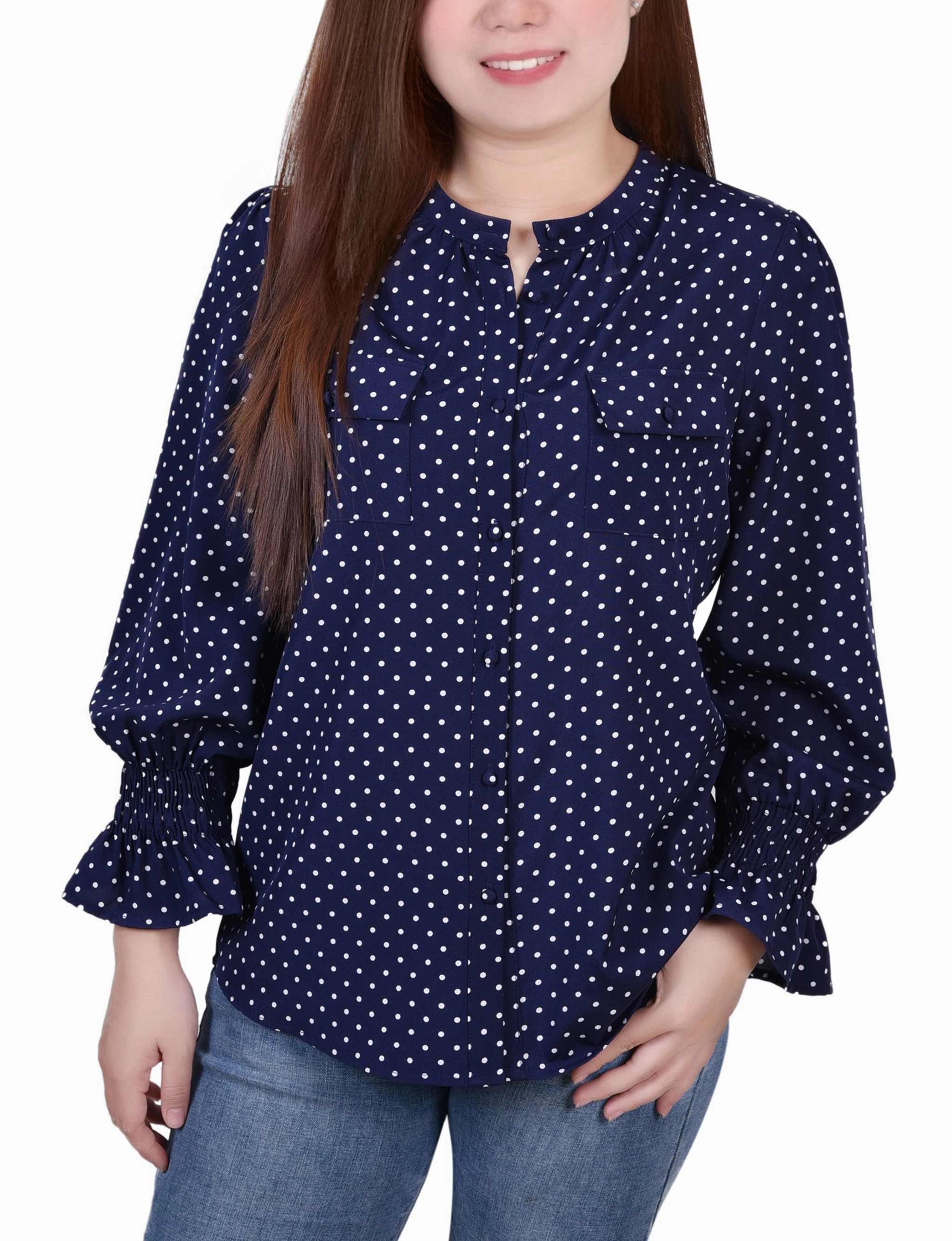 LightweightWeave Petite Long Sleeve Y Neck Blouse