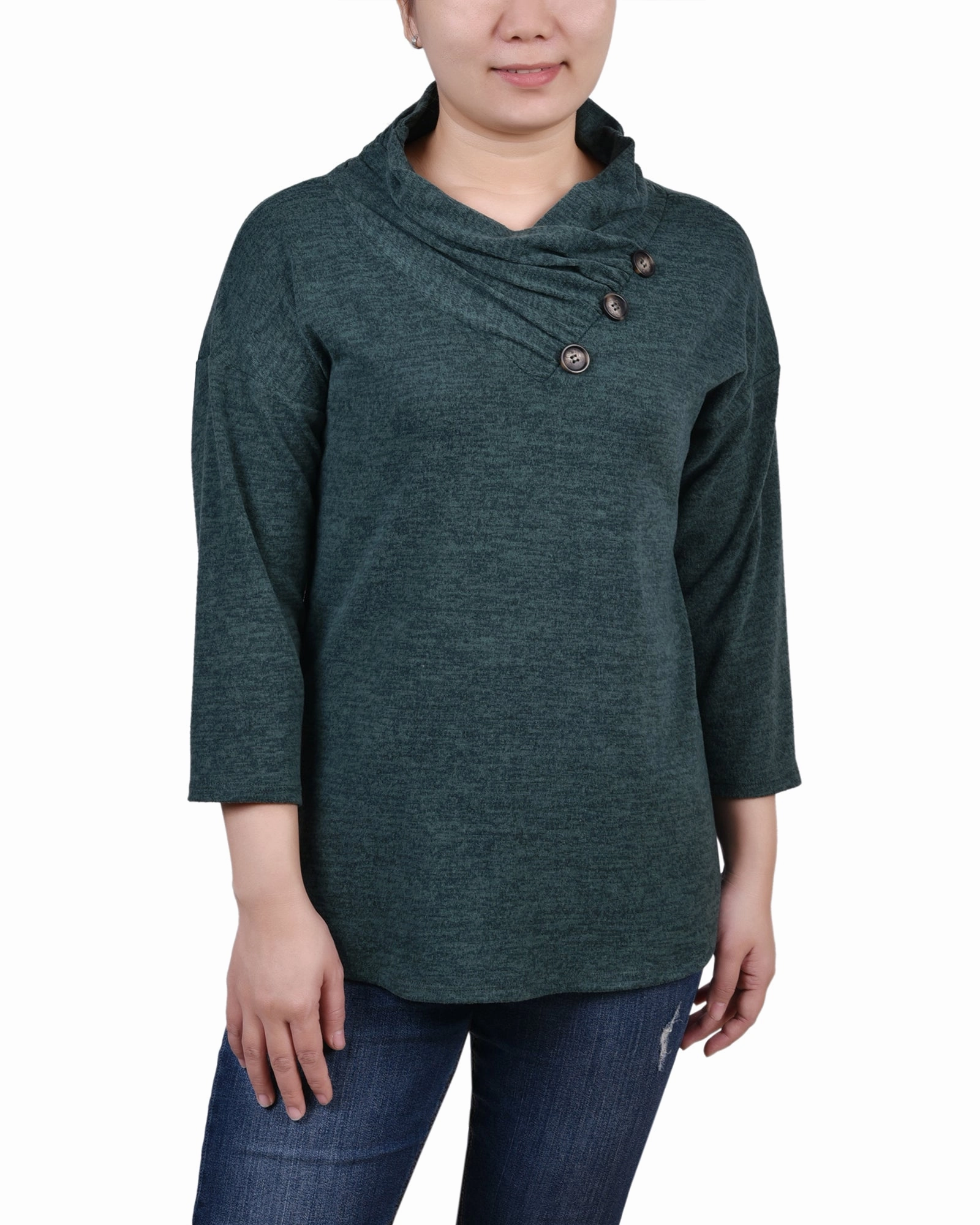 FlexibleRibbing Reinforced Neckline Petite 3/4 Sleeve Crossover Cowl Neck Top