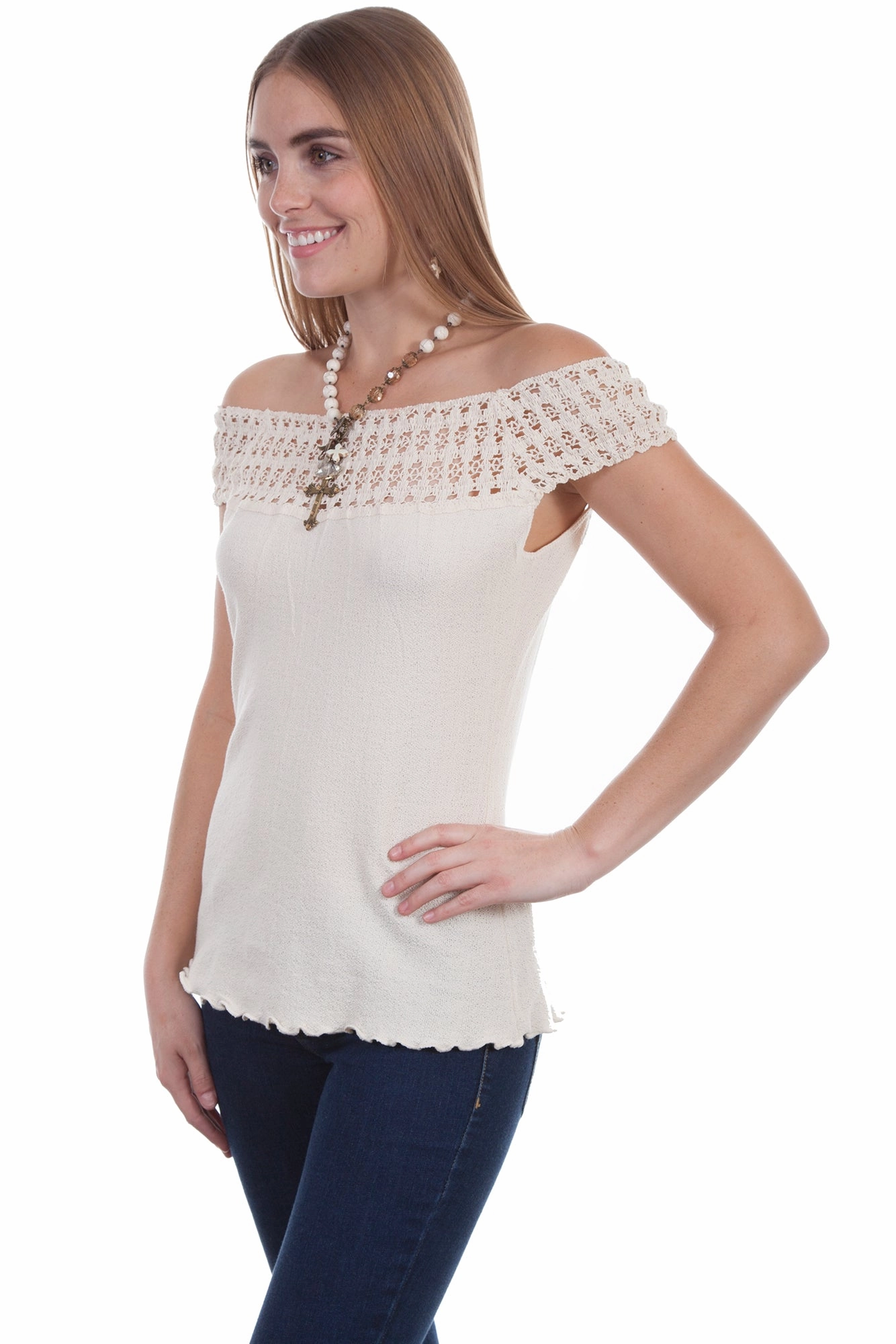 Scully Womens Natural 100% Cotton Crochet S/S Tunic Tear Resistant Reinforcement Round Collar