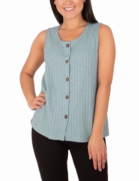 Sleeveless Button Front Top FrenchTerry Structured Shoulder