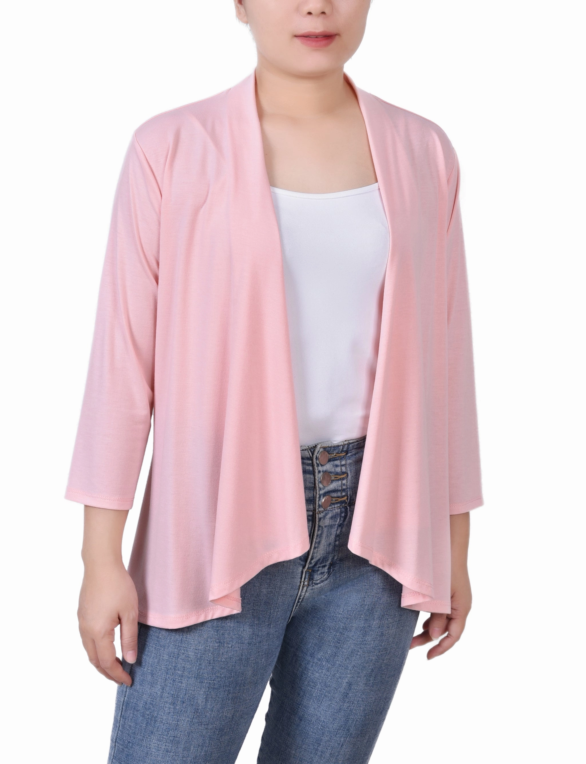 Solid 3/4 Sleeve Cardigan Water Repellent Coating Stretch Woven Material