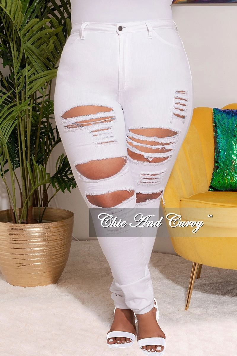 Final Sale Plus Size Distressed Jeans in White Chilly Layering