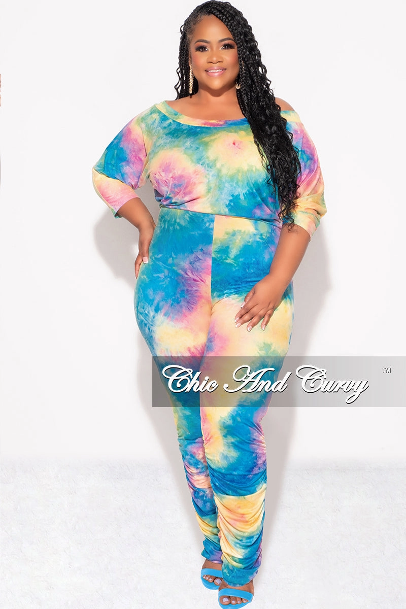 Long Wear ThermalRegulatingLining Final Sale Plus Size Jumpsuit with Ruched Legs in Rainbow Cloud Tie Dye Print