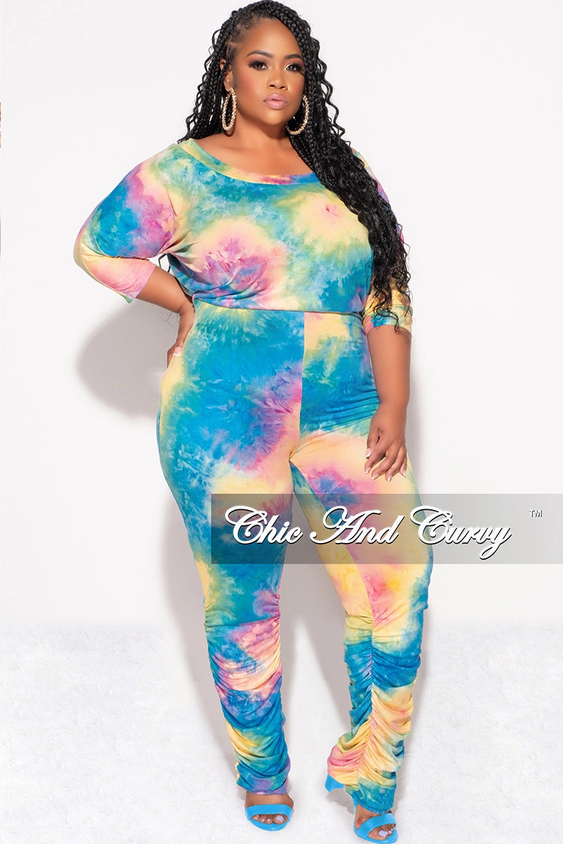 All Day Fit Final Sale Plus Size Jumpsuit with Ruched Legs in Rainbow Cloud Tie Dye Print