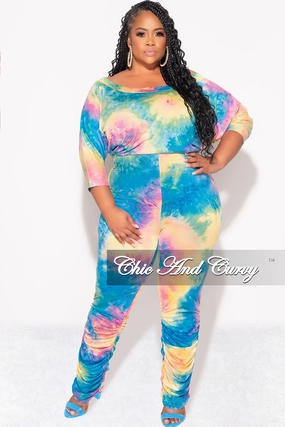 Movement Fit Final Sale Plus Size Jumpsuit with Ruched Legs in Rainbow Cloud Tie Dye Print
