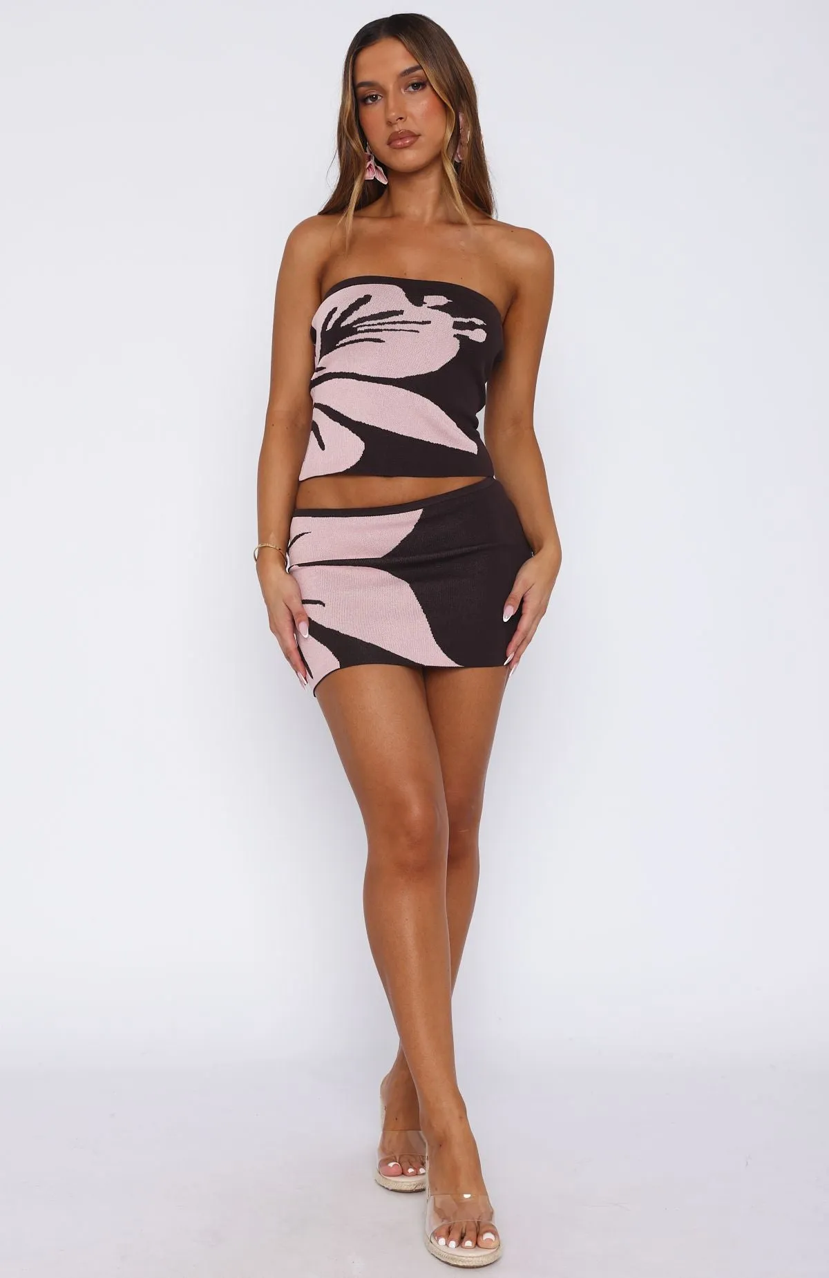 In Bloom Knit Mini Skirt Choc/Blush Floral Casual Wear Mini length