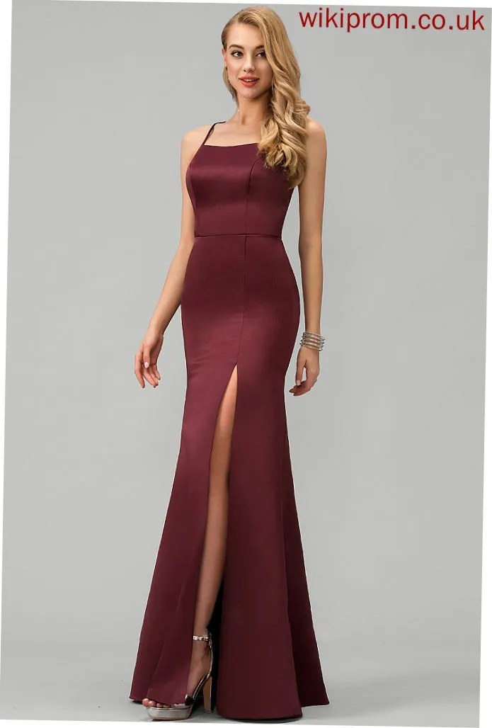 Floor-Length Paulina Split Neckline Prom Dresses Sheath/Column Front With Satin Square