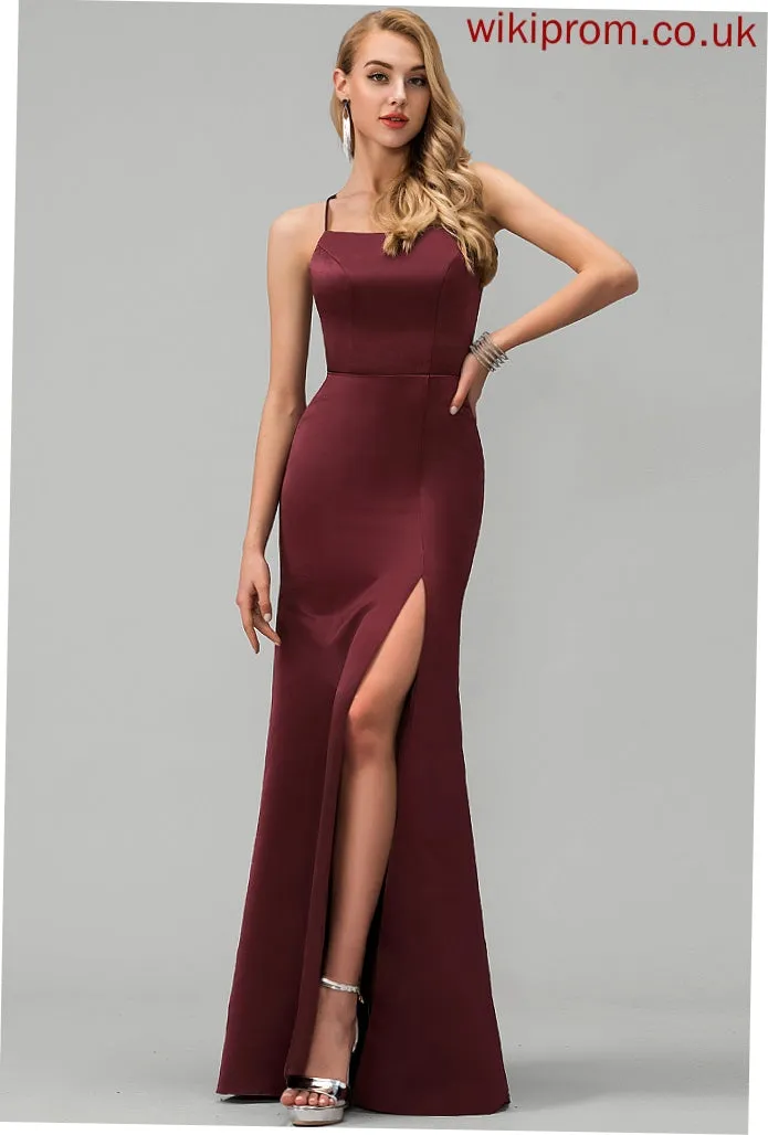 Floor-Length Paulina Split Neckline Prom Dresses Sheath/Column Front With Satin Square