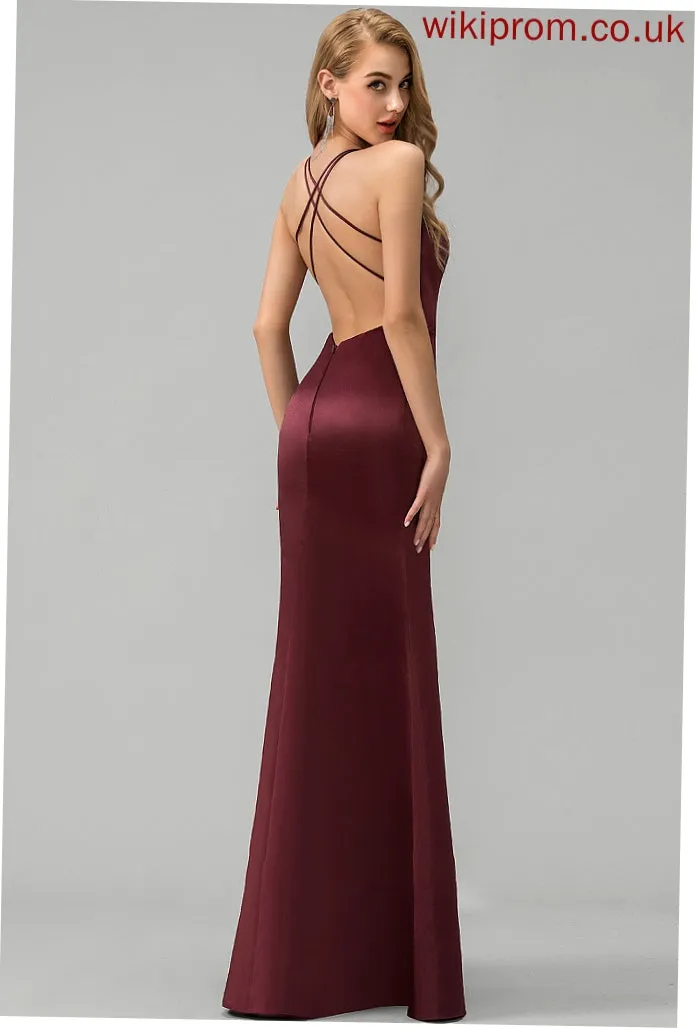 Floor-Length Paulina Split Neckline Prom Dresses Sheath/Column Front With Satin Square