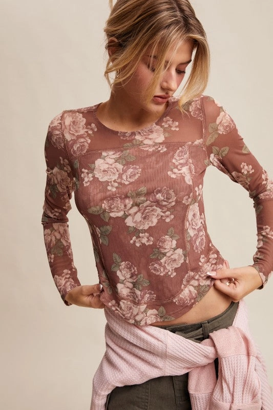 Low Profile Stitching Flora Floral Mesh Long Sleeve Top S-XL