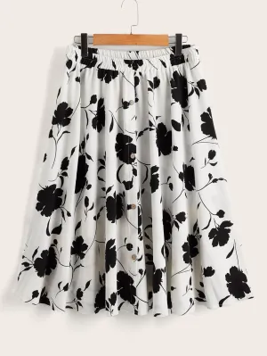 Floral Button Midi Plus Size Skirt