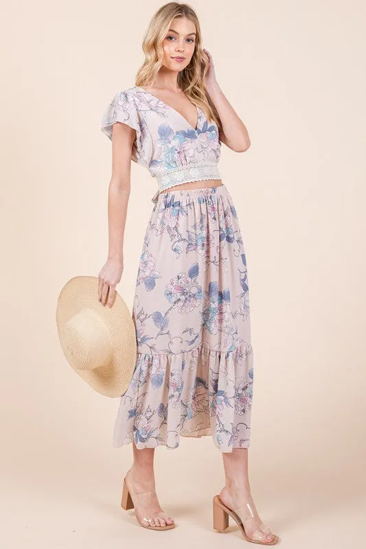 Floral Print Skirt Set With Tie Back Blouse