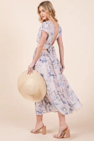 Floral Print Skirt Set With Tie Back Blouse