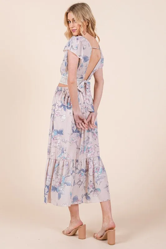 Floral Print Skirt Set With Tie Back Blouse
