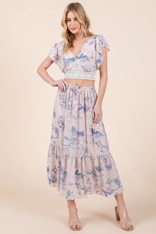 Floral Print Skirt Set With Tie Back Blouse