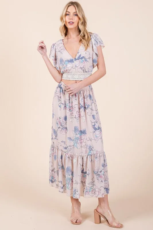 Floral Print Skirt Set With Tie Back Blouse