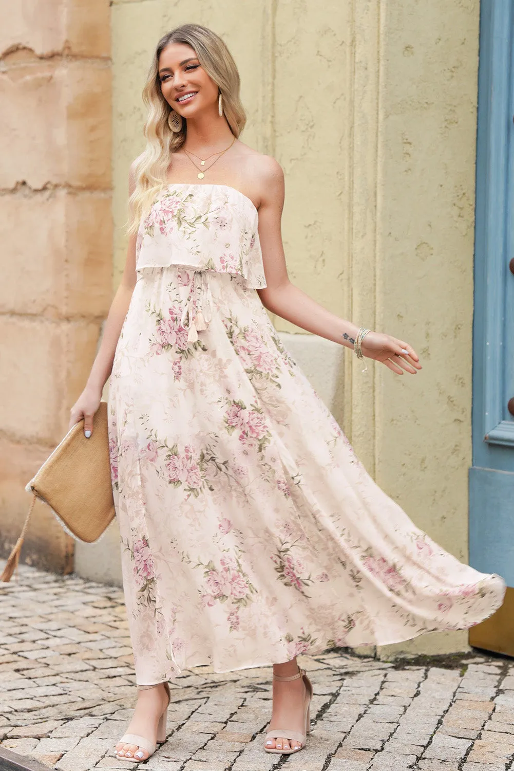 Floral Print Strapless Tube Top Maxi Dress